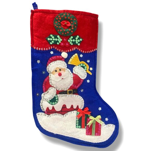 Vintage Christmas Felt Applique Stocking Sequins Jeweled Santa Claus Chimney - Picture 1 of 4